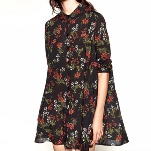 Zara La Fleur Floral Black Mini Shirt Dress Size Small - Picture 1 of 9